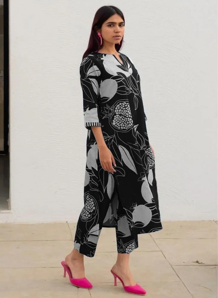 GoSriKi  GoSriKi Women's Cotton Blend Straight Printed Kurta with Pant (ANAAR-BLACK-NW-GS_S_Black_Small) for Women | Best Price UAE